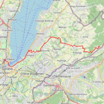 Route de La Renfile, Jussy à Place de Montbrillant 17, Genève via Les Faverges, Presinge @510881,119728 via Ch. des Blessonniers, Presinge @509552,119460 via Les Meunières, Jussy @508920,120047 via La Vy-la-Tour 8, Meinier @506309,121107 via Ch. des Crêts GPS track, route, trail