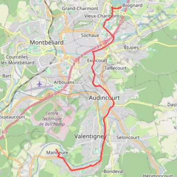 Brognard-Mandeure par les pistes cyclables GPS track, route, trail